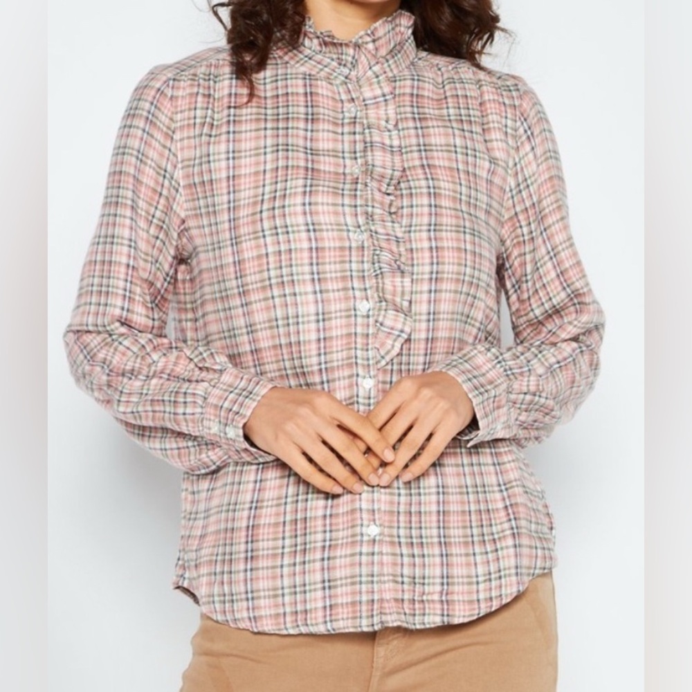 Market & Spruce Snow White Plaid Button Down Ruffle Neck Top - NWT - Size XL